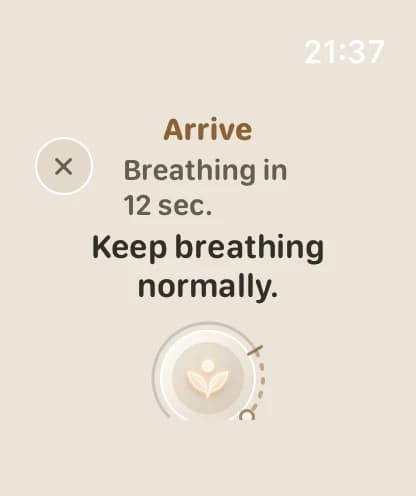 PAUSE on Apple Watch arriving before breathing starts, with a short countdown and the words Keep breathing normally.