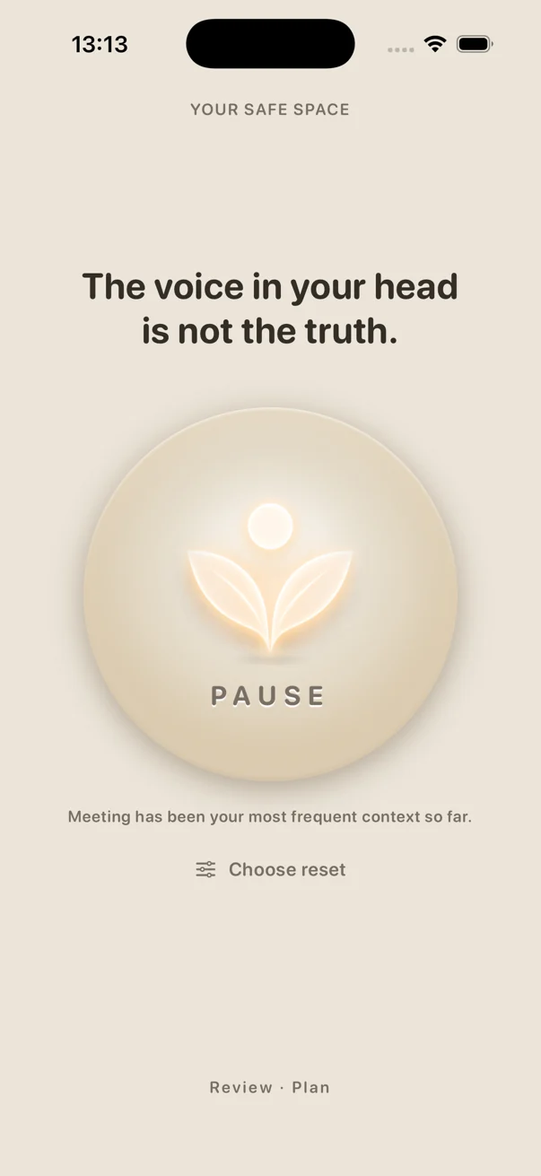The PAUSE home screen: a warm clay field with one large glowing button.